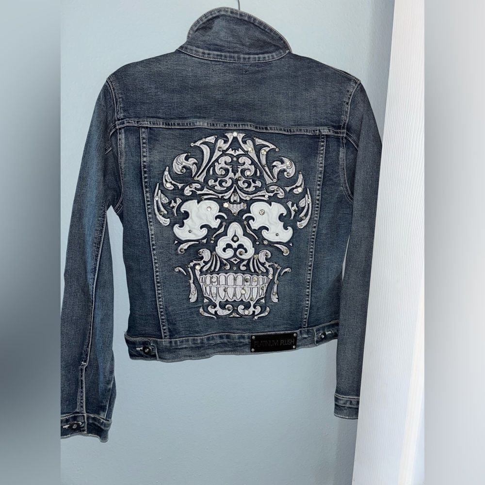 Platinum Plush Rhinestone Denim Jacket with Candy Skull Design - Picture 7 of 8
